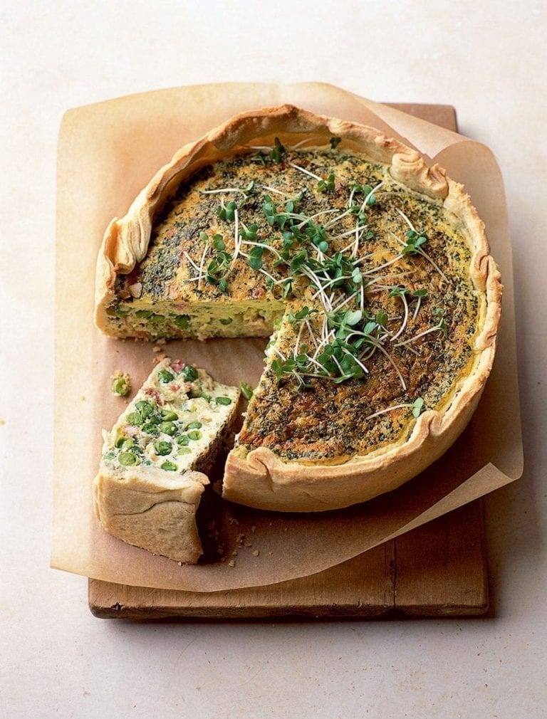 Pancetta, pea, mint and Cheddar deep tin tart