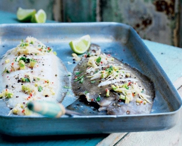 Grilled dover sole shown in a baking tray