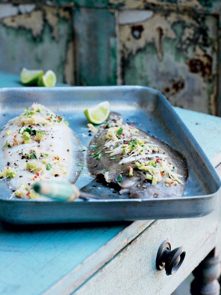 Grilled Dover sole with lime, coconut and avocado relish