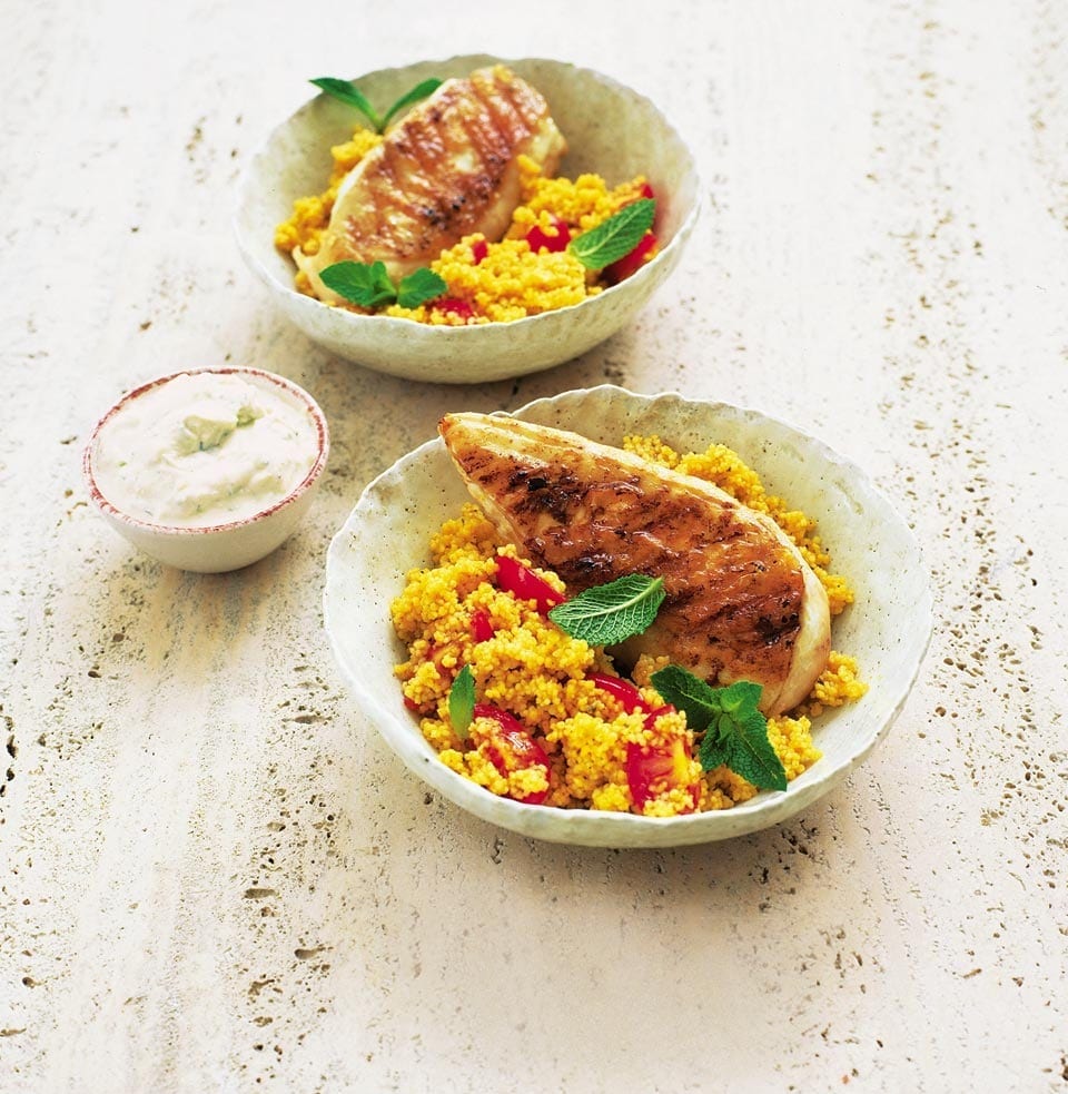 Griddled chicken with spiced tomato couscous recipe delicious. magazine