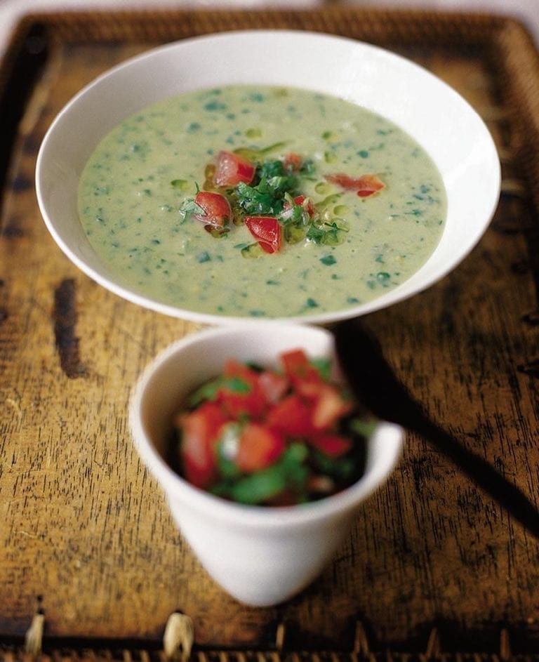 Chilled avocado soup with zingy salsa