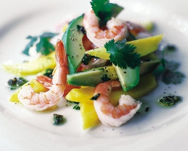 Avocados, prawns and mango with coriander dressing