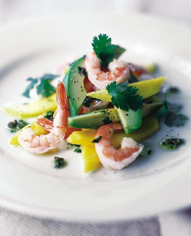 Avocados, prawns and mango with coriander dressing