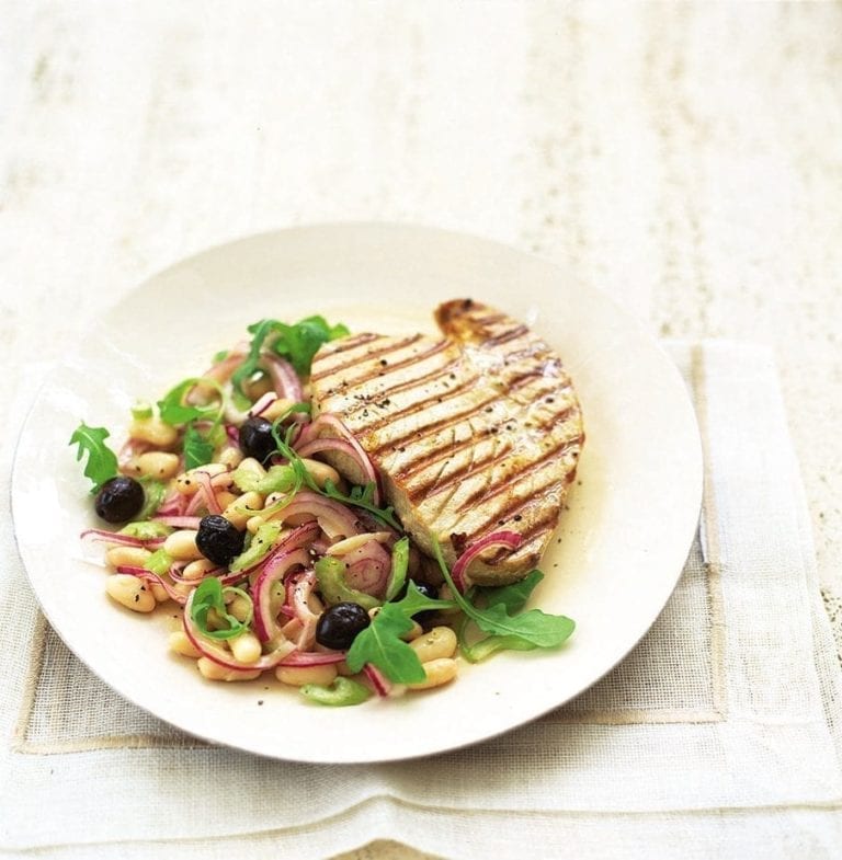 Seared tuna with bean and olive salad