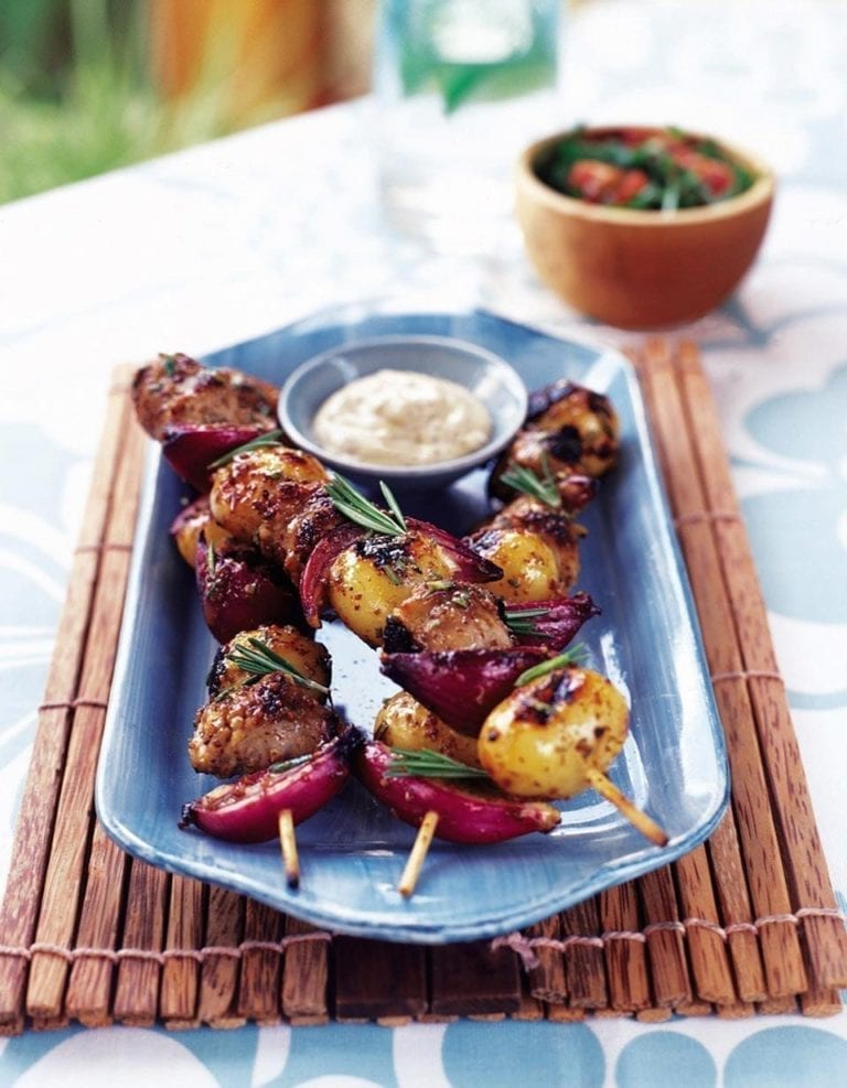 Rosemary sausage and potato skewers