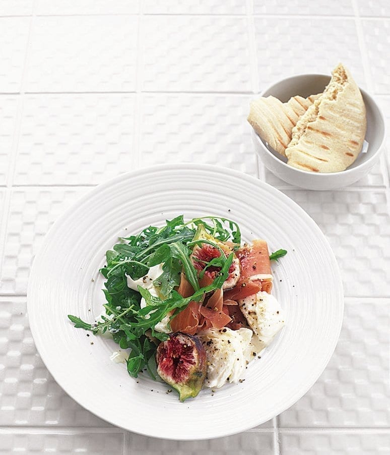 Parma ham, fig and mozzarella salad with warm pitta recipe delicious