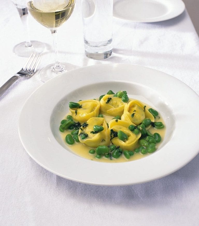 Goat’s cheese tortellini with broad bean and pea butter