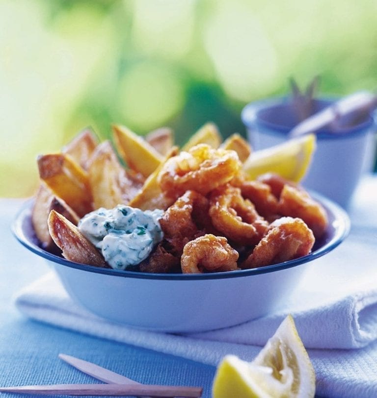 Paprika-battered squid, chunky chips and tartare sauce