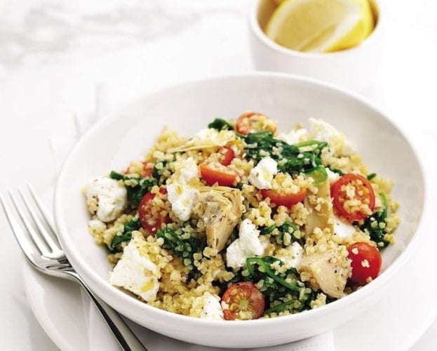 Zesty feta, artichoke and tomato bulgur wheat