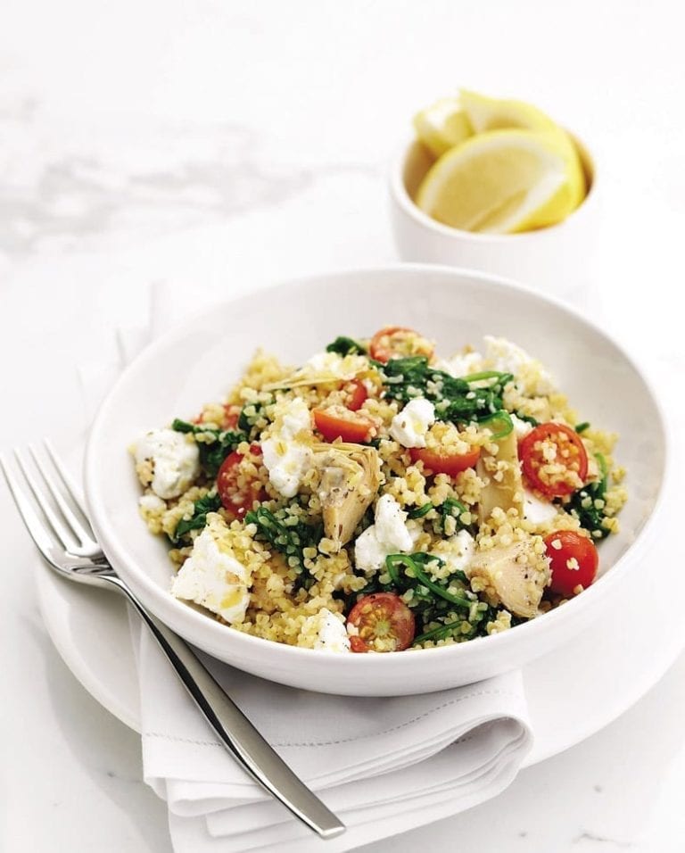 Zesty feta, artichoke and tomato bulgur wheat