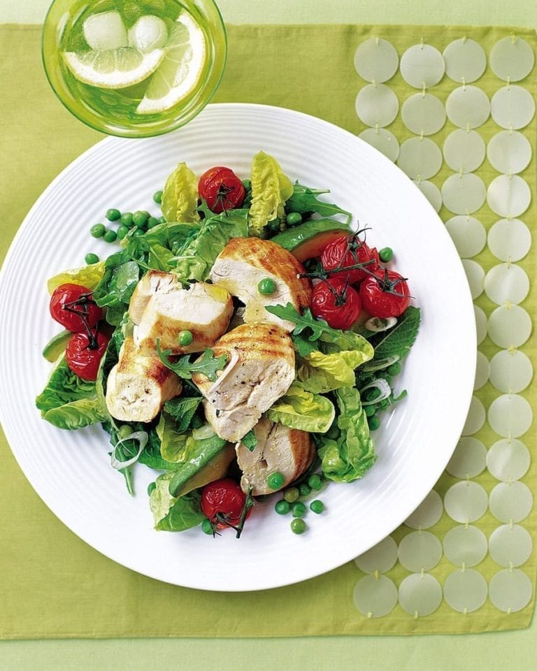 Chargrilled chicken with roasted tomatoes, avocado, peas and mint