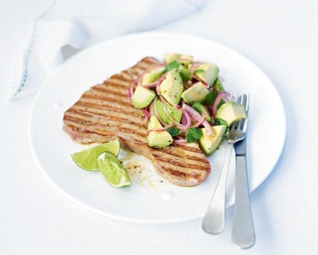 Tuna steaks with avocado and red onion salsa
