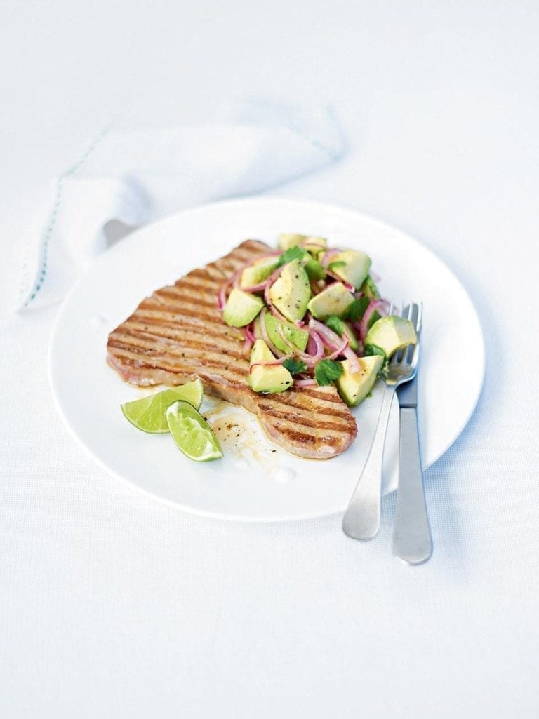 Tuna steaks with avocado and red onion salsa