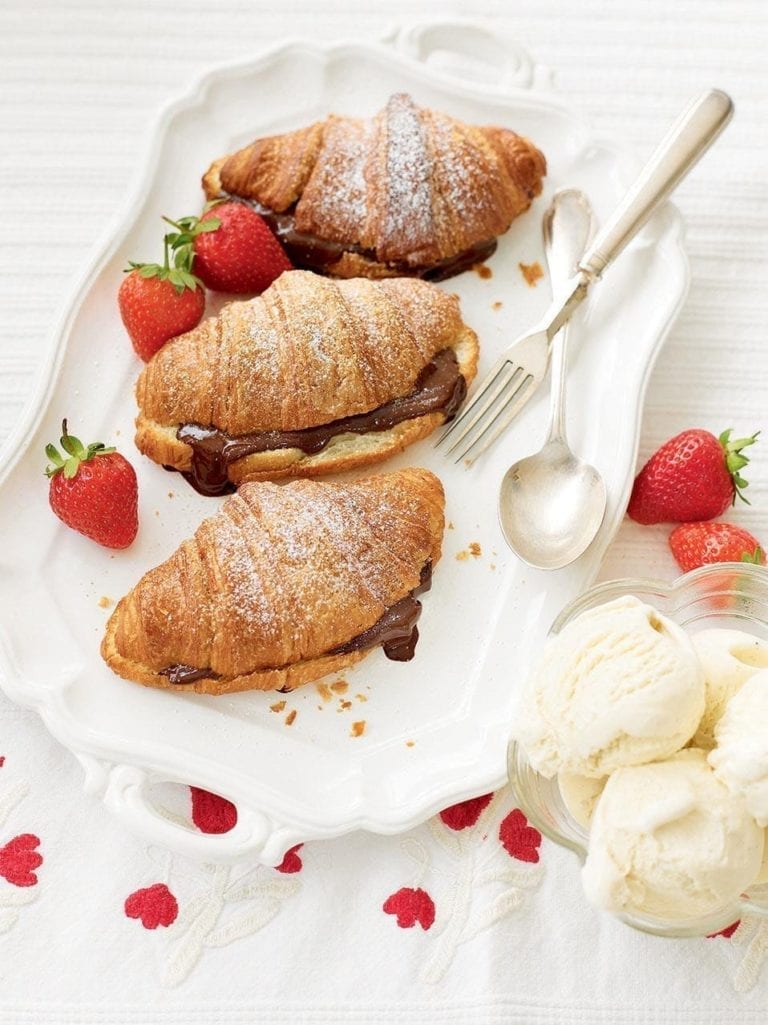 Warm chocolate croissants with ice cream