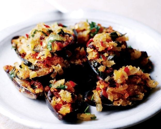Baked mussels with chilli, anchovy and caper breadcrumbs