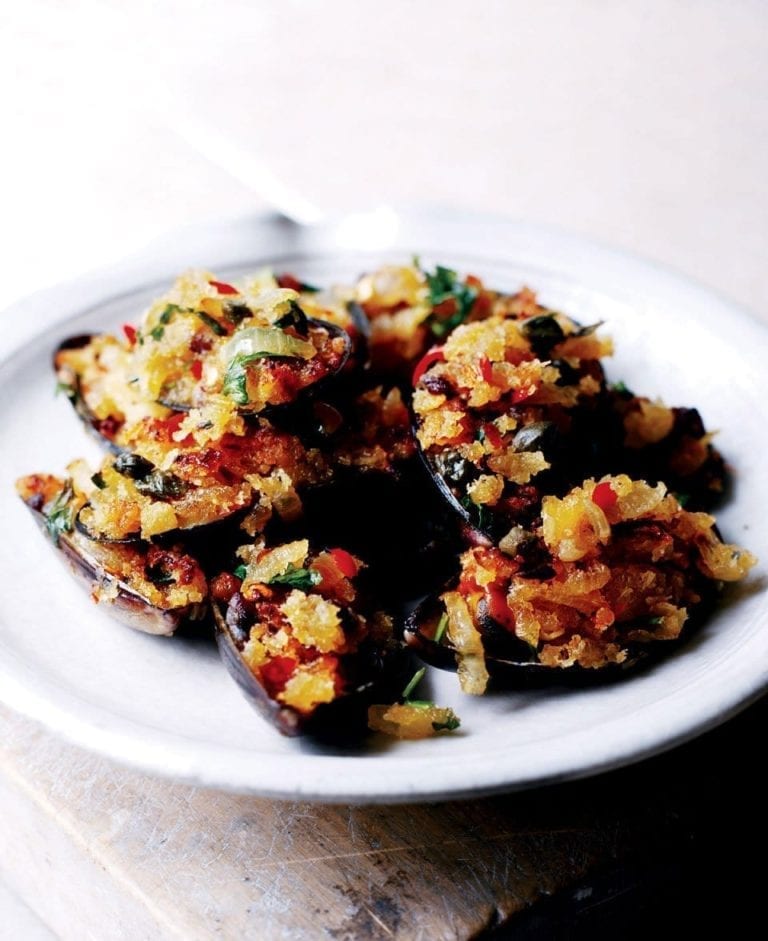 Baked mussels with chilli, anchovy and caper breadcrumbs