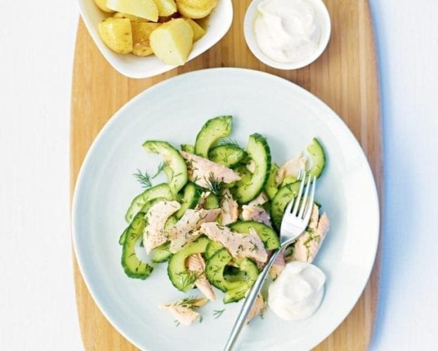 Trout with crème fraîche and brined gherkins