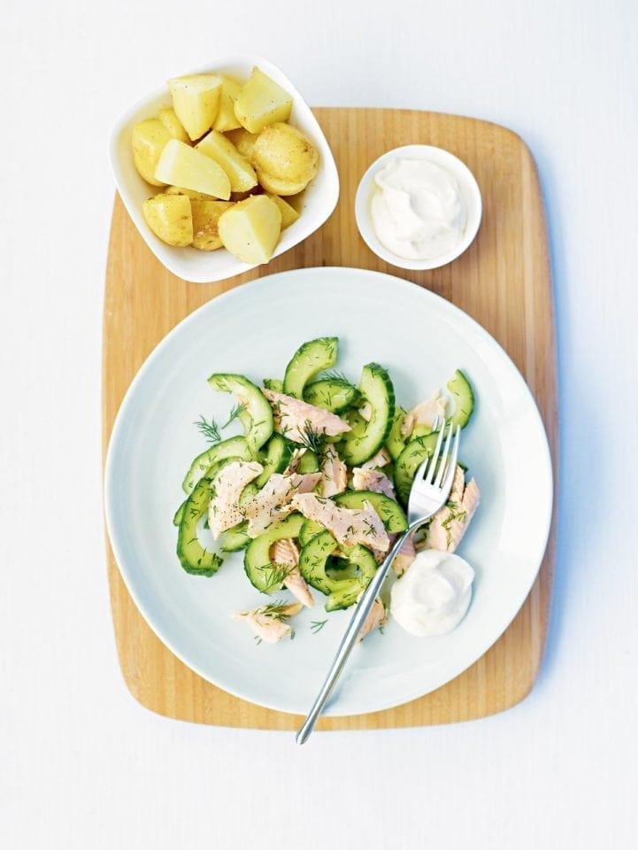 Hot-smoked trout with cucumber and dill salad