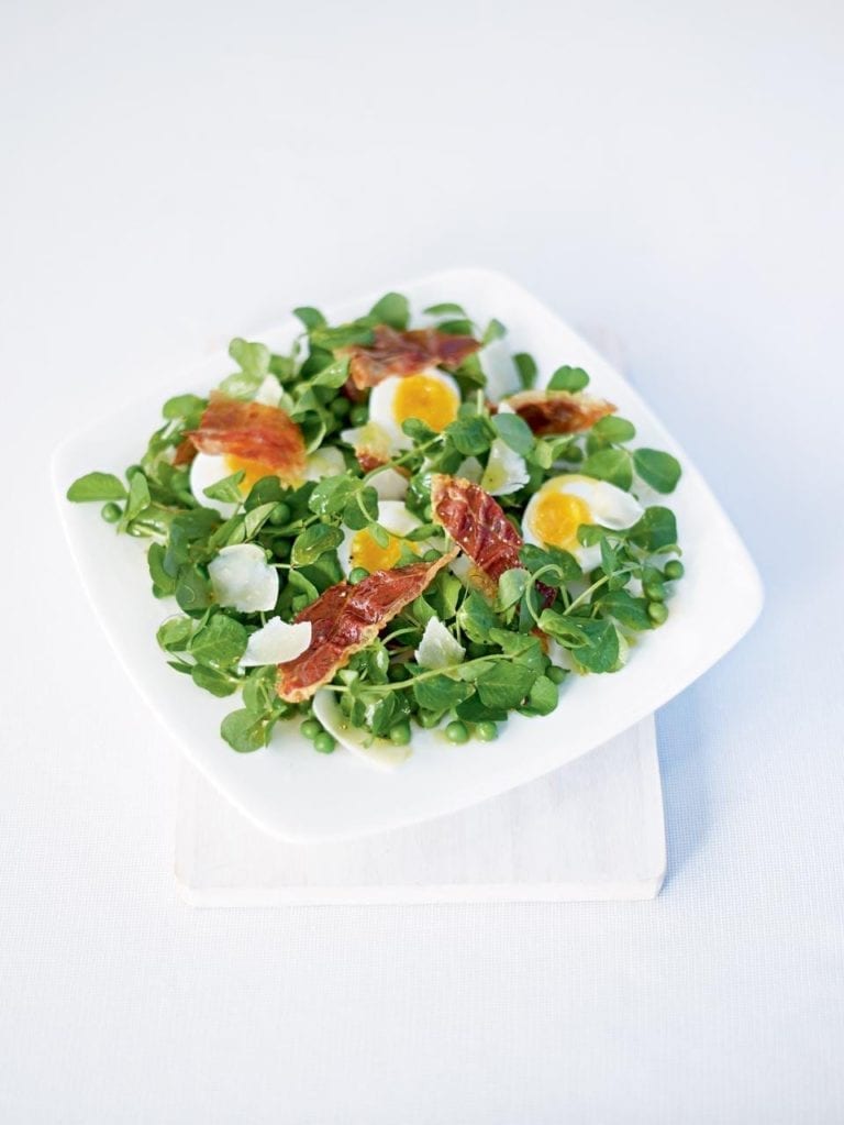 Pea shoot and egg salad with Parma ham and Pecorino