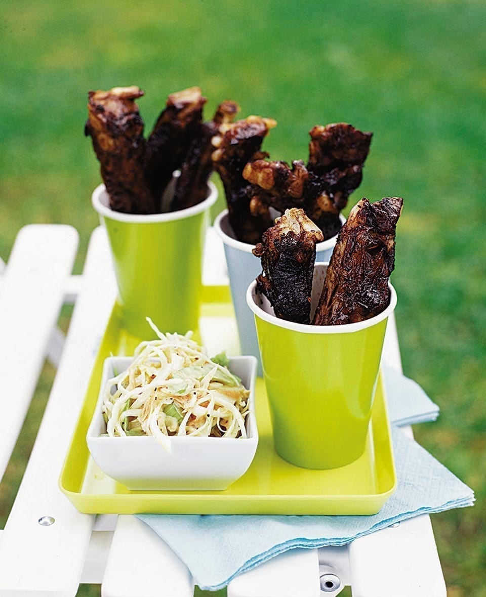 Sticky balsamic pork ribs with coleslaw recipe | delicious. magazine