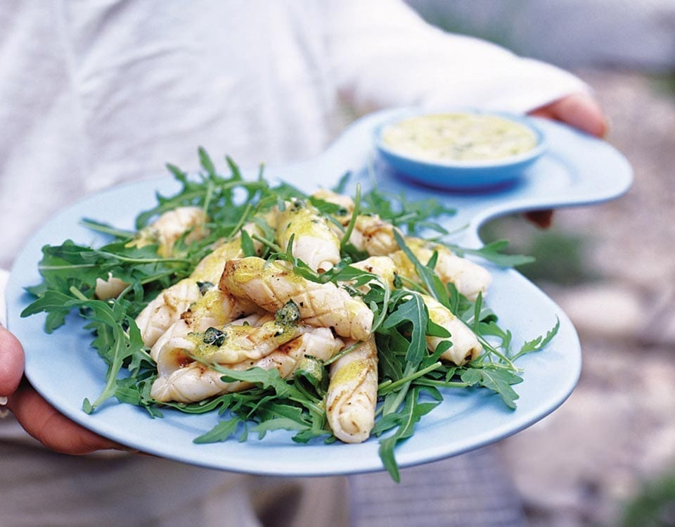 Grilled squid with lemon and thyme dressing recipe | delicious. magazine
