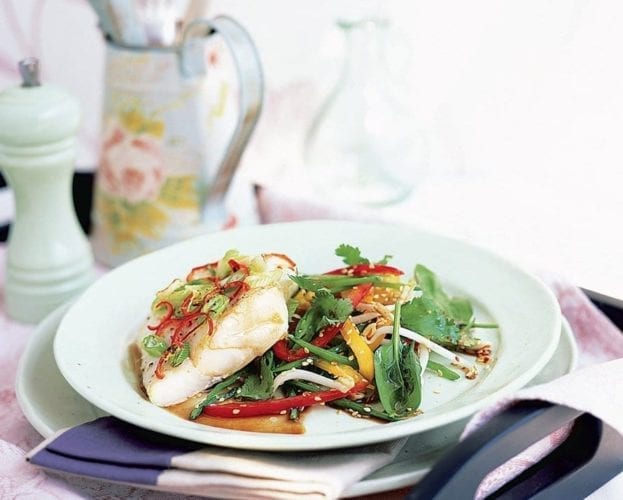 Roast cod with bacon, tomatoes and basil