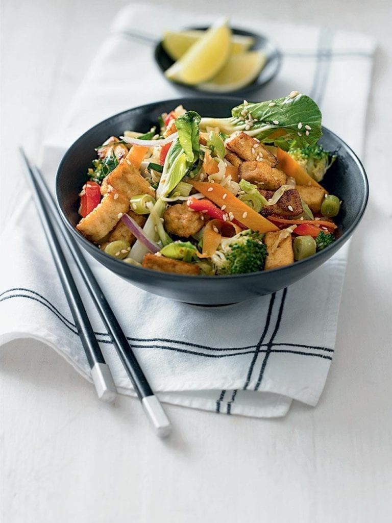 Quick sesame tofu and pak choi stir-fry