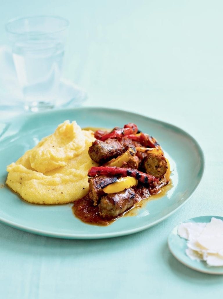 Quick sausages and peppers with polenta