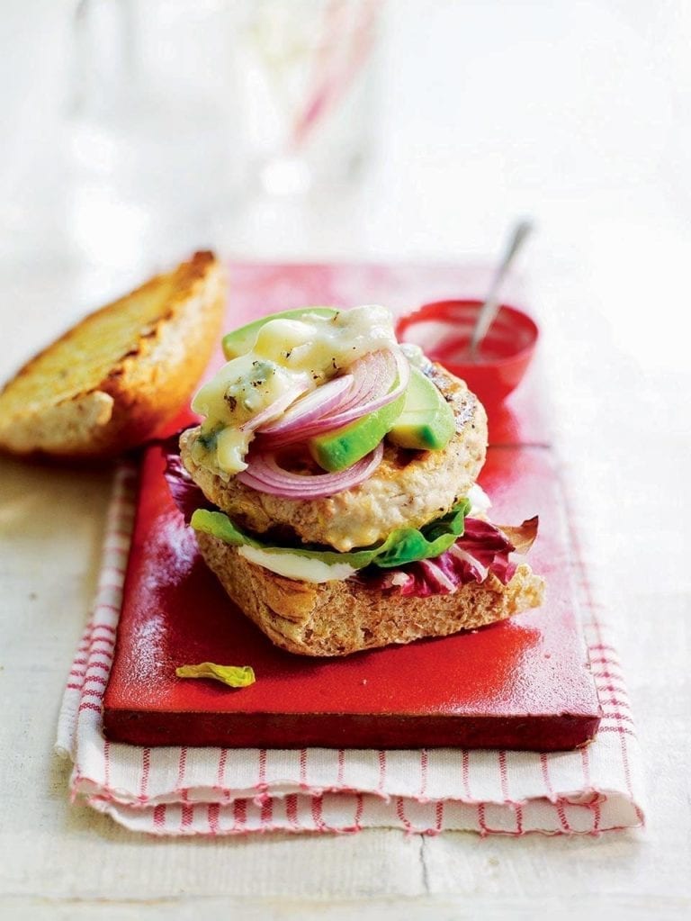 Chicken burger with avocado and blue cheese