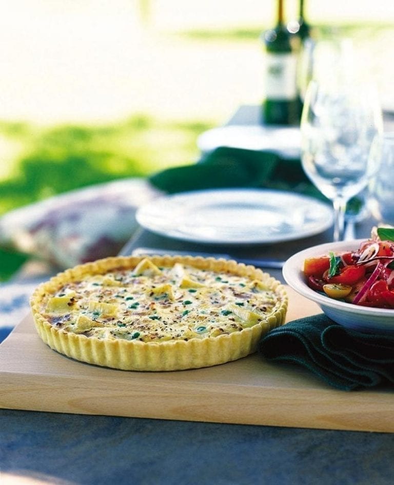 Pea, pancetta and soft cheese tart