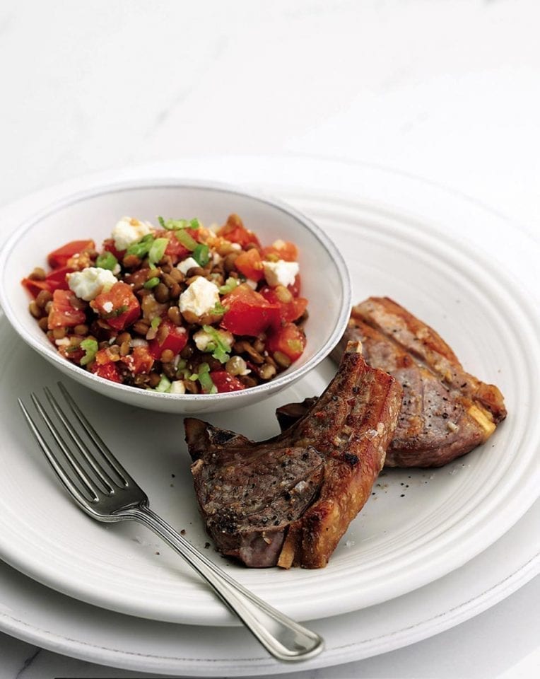 Lamb chops with warm lentils and feta