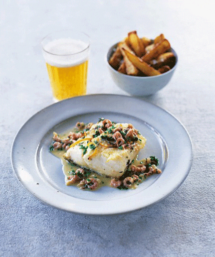 Roast whiting with brown shrimp butter and fat chips