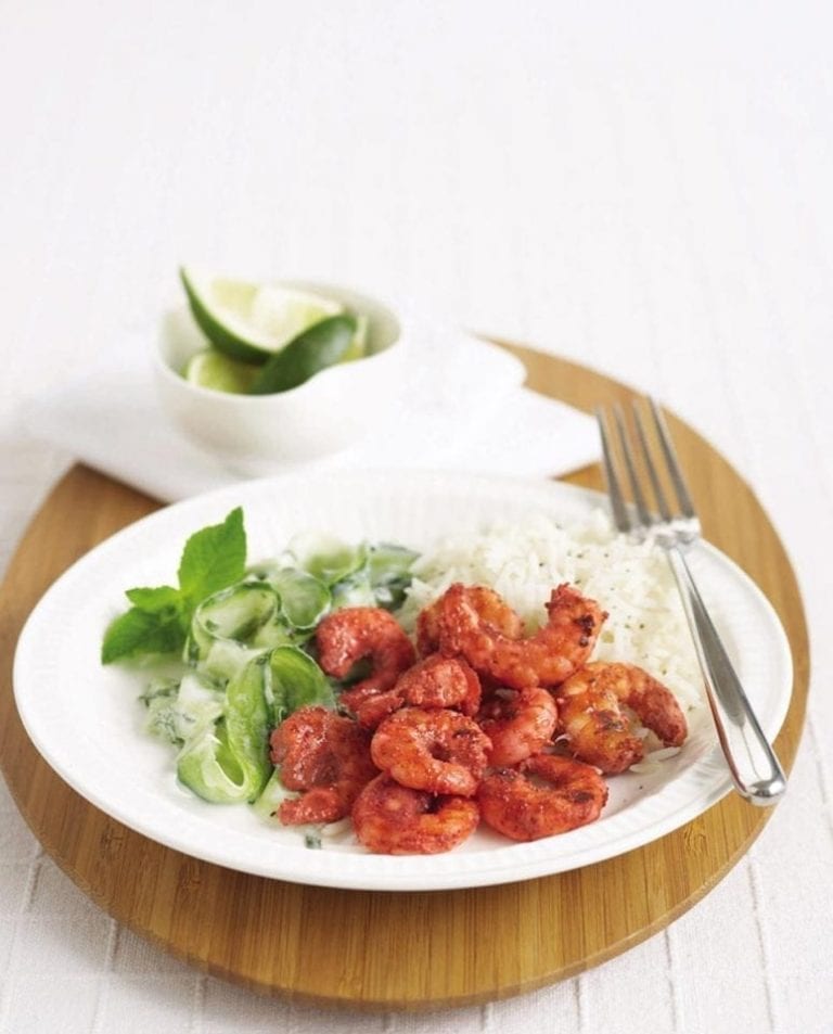 Tandoori prawns with mint raita