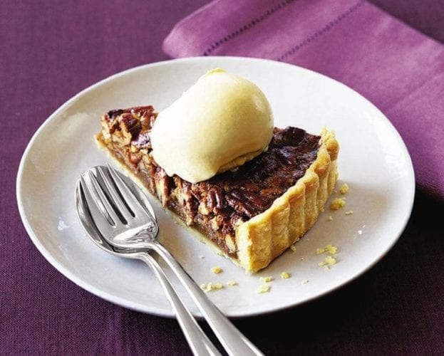 Caramelised pecan pie with bourbon ice cream