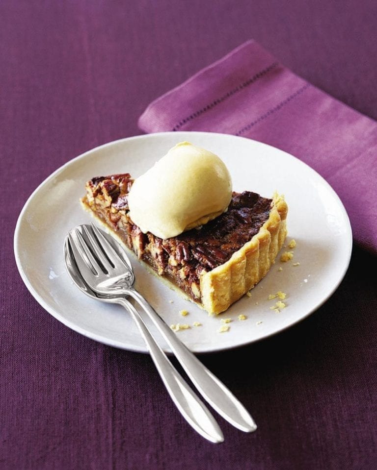 Caramelised pecan pie with bourbon ice cream