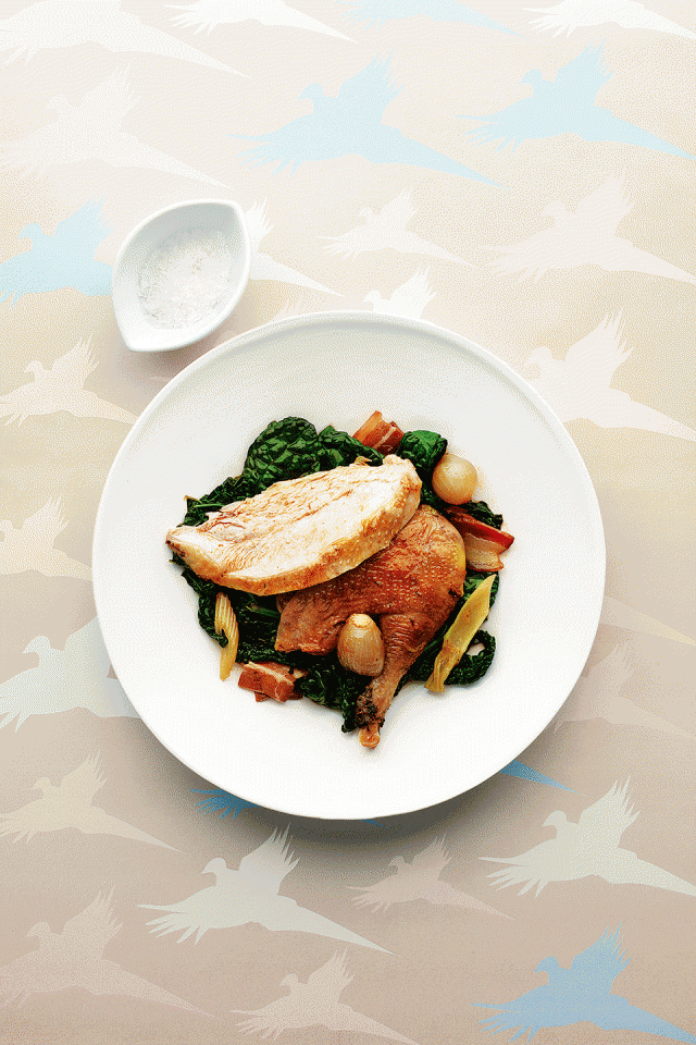 Roast pheasant with cavolo nero and bacon