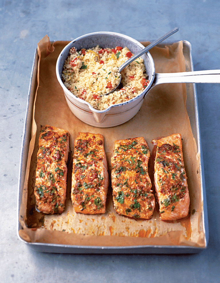Baked chermoula salmon with roasted red pepper couscous