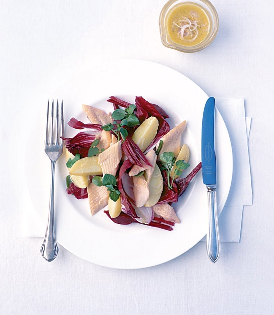 Poached trout, beetroot and new potato salad with horseradish recipe | delicious. magazine