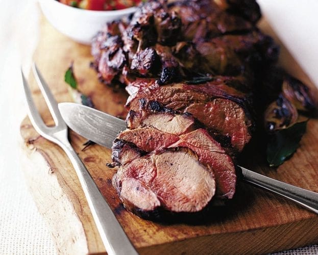 Barbecued leg of lamb with tomato and mint salsa