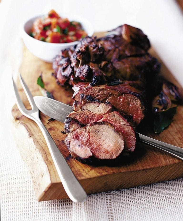 Barbecued leg of lamb with tomato and mint salsa