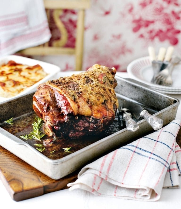 Salted rosemary roast lamb with fennel and garlic boulangère potatoes