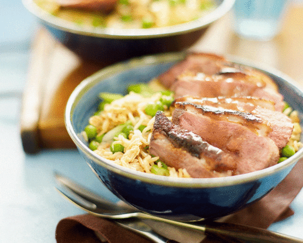 Sticky duck with quick egg fried rice