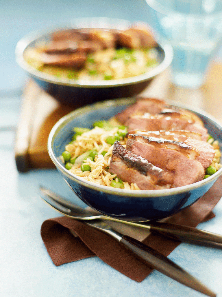 Sticky duck with quick egg fried rice