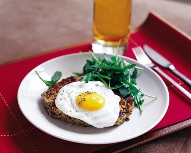 Roast sweet potato, chorizo and onion hash with poached eggs