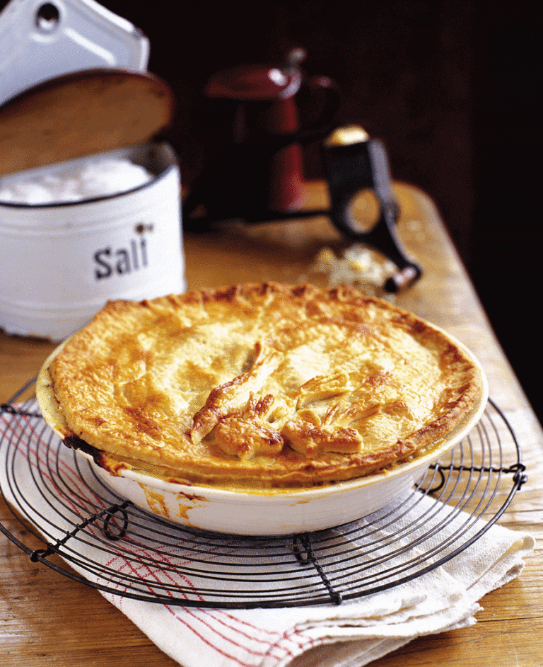 Roots, ham and caramelised onion pie