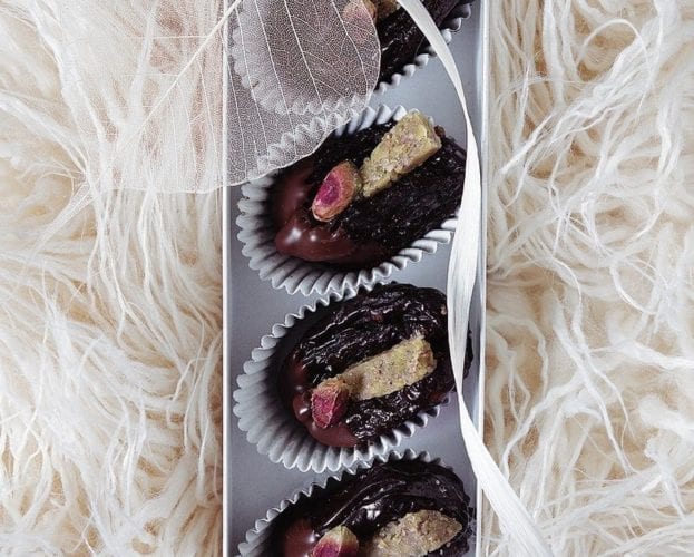 Chocolate-dipped plums with Armagnac marzipan