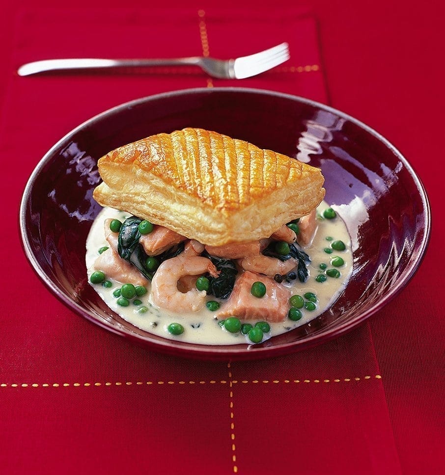 Cheat's prawn and salmon puff pie recipe delicious. magazine
