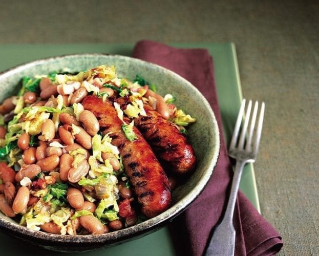 Sausage stew with borlotti beans in a bowl