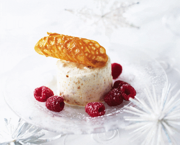 brandy snap shown on top of a white round amaretti tortoni