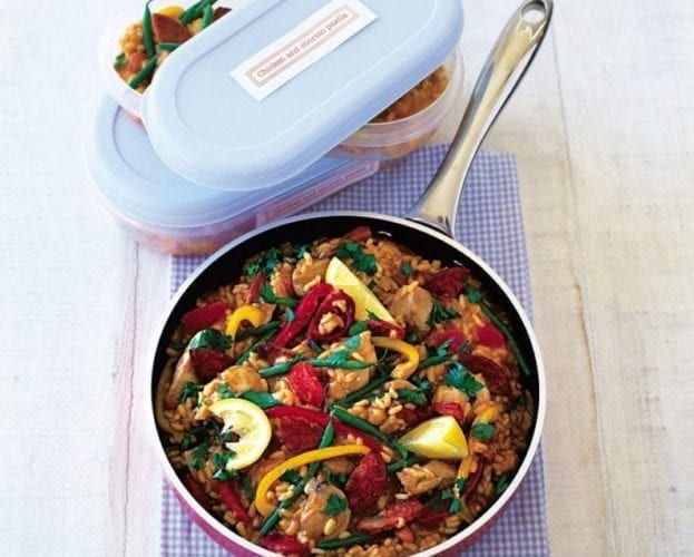 Batch cook chicken and chorizo paella